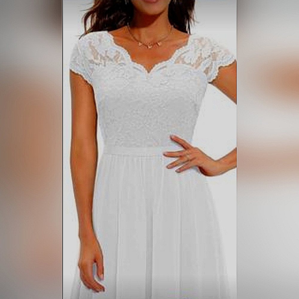 Daisyaner Formal Floral Lace White Maxi Dress with Elegant V-neck Wedding Dress